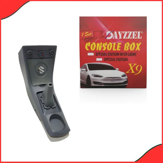 Installed view of the Grey Console Box in the Suzuki Mehran Euro II, showing its custom fit and secure placement between the seats.