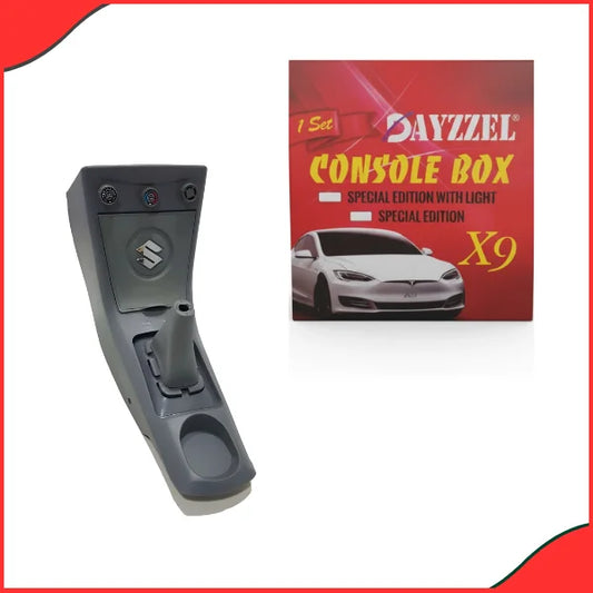 Installed view of the Grey Console Box in the Suzuki Mehran Euro II, showing its custom fit and secure placement between the seats.