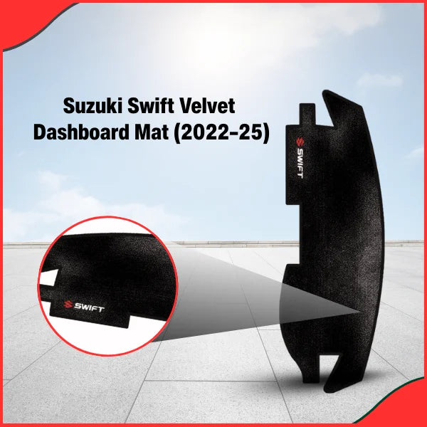 Close-up view of the Suzuki New Swift 2022-2025 velvet dashboard mat, showing precise cutouts around the modern dashboard contours.