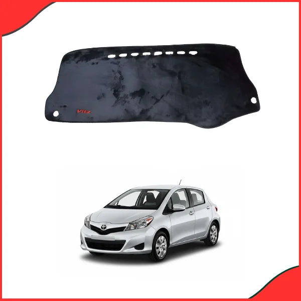 Custom-fit Black Velvet Dashboard Mat for Toyota Vitz 2010-2017 model, showing precise alignment and non-slip material.