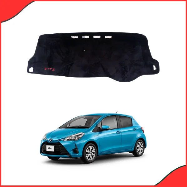 Custom-fit Black Velvet Dash Mat for Toyota Vitz 2018-2020, showing precise cutouts for sensors and the updated dashboard shape.