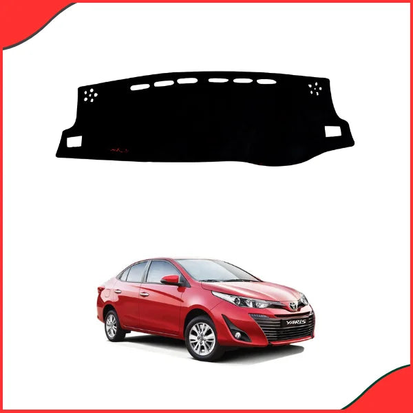Custom-fit Black Velvet Dashboard Mat for Toyota Yaris 2020-2021, showing precise fit around the infotainment screen and air vents.
