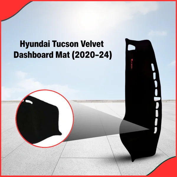 Close-up view of the Hyundai Tucson 2020-2024 dashboard carpet showing the black velvet material texture and precise cutouts for vents.