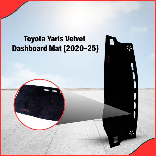 Custom-fit Black Velvet Dashboard Mat for Toyota Yaris 2020-2021, showing precise fit around the infotainment screen and air vents.